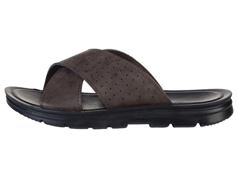 Bruine leren sandalen, gekruiste banden, dikke zool.