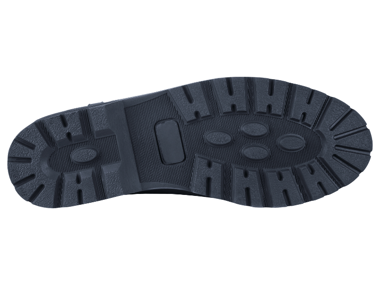 De zool van een donkerblauwe laars.