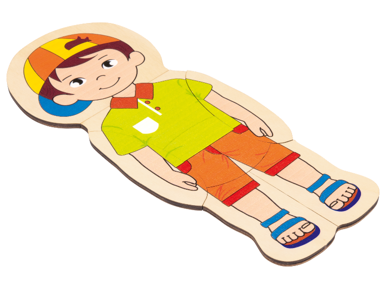 Houten speelgoed: figuur van een jongen samengesteld uit afzonderlijke stukken.