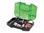 Open groen-zwarte koffer met diverse accessoires voor roterend gereedschap zoals boorbitjes, slijpstenen, draadborstels, schuurbanden en polijstpads.