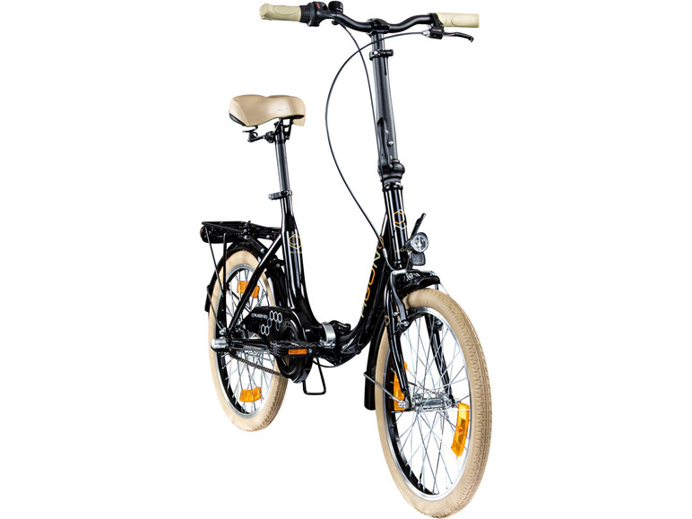 Een zwarte vouwfiets met beige banden.