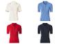 Vier geribbelde gebreide poloshirts in wit, blauw, rood en marineblauw.