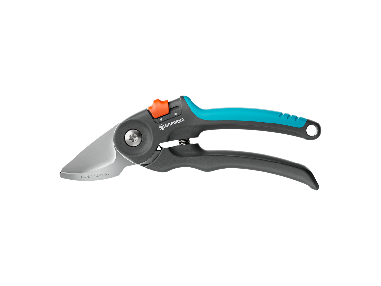 Gardena snoeischaar: stalen messen, ergonomische handgrepen.