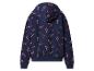 Donkerblauwe hoodie met een print van rode en roze zuurstokken.