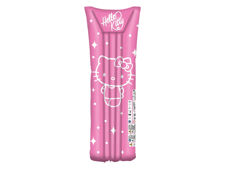 Een roze Hello Kitty opblaasbaar zwembadbed.