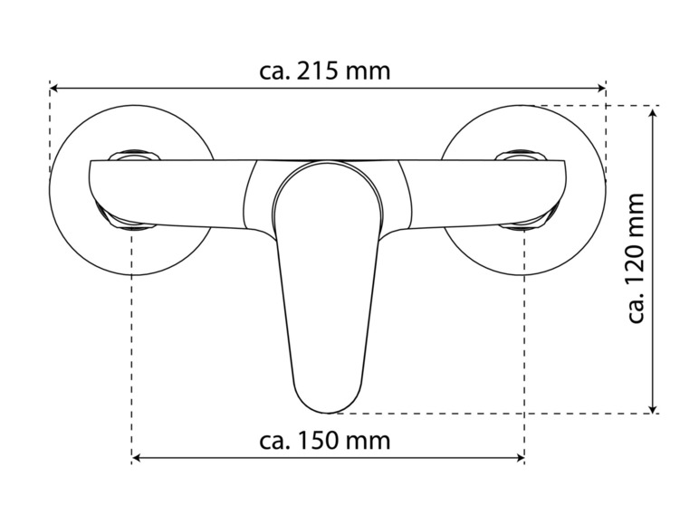 Een schematische tekening van een badkamerkraan met afmetingen.