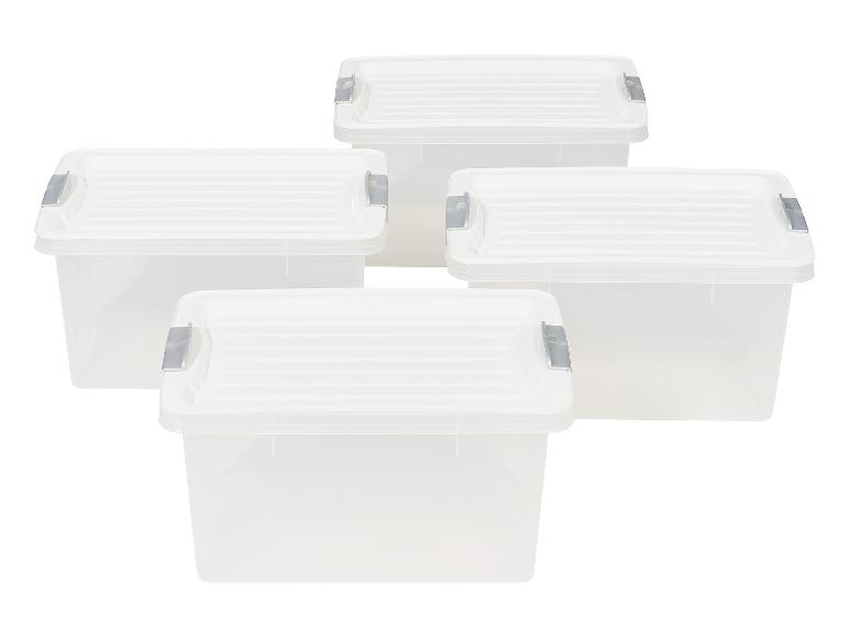 Vier doorzichtige opbergbakken met deksels.