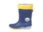 Blauwe kinderregenlaars met gele manchet en 'Happy Day' wolkenmotief