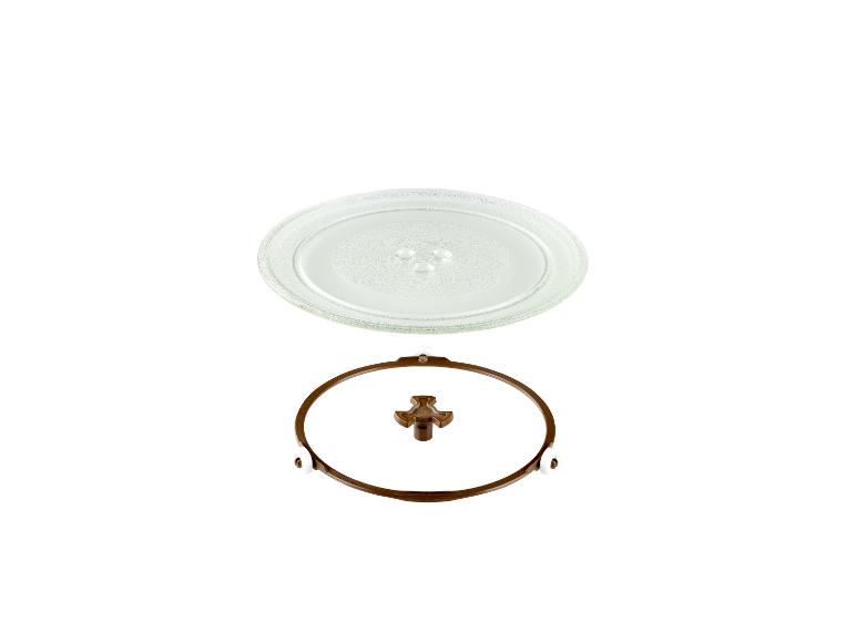 Componenten van een draaiplateau voor magnetron: glazen plateau en houder.