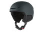 Donkergrijze skihelm met ventilatiesleuven en een verstelbare kinband.