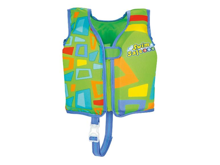 Groen kinderzwemvest met kleurrijk geometrisch patroon en rits.