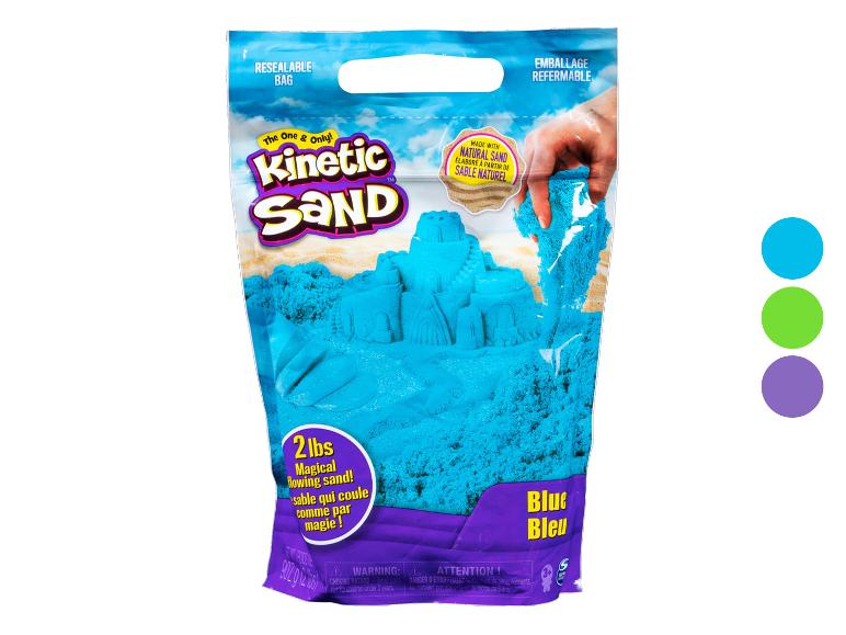 Zak van 2 pond blauw kinetisch zand met de tekst 'Magical flowing sand!'.