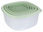 Een set van vier groene plastic opbergbakken met deksels.