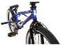 Blauwe BMX-fiets met witte banden en zwarte Tektro-remmen.
