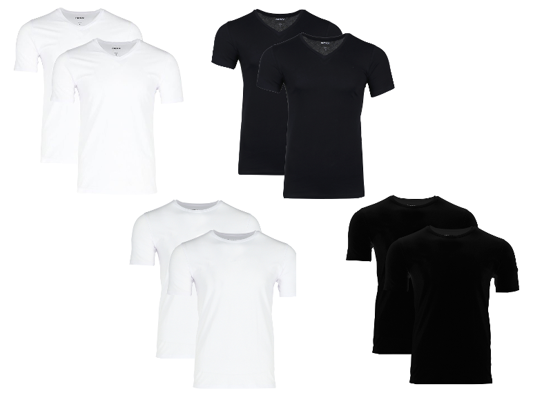Twee pakketten MoXX t-shirts, wit en zwart, met V-hals en ronde hals.