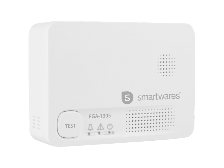 Witte gasdetector met een testknop en lichtindicatoren.
