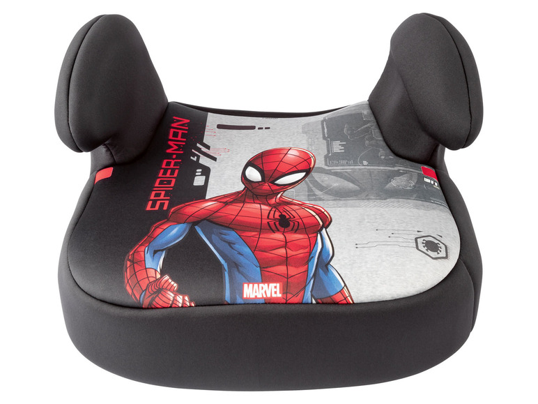 Een autostoelverhoger met hoofdsteunen, voorzien van een Spider-Man ontwerp van Marvel.