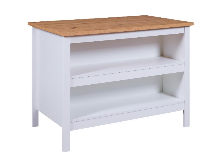 Witte open kast met twee planken en een licht houten blad.