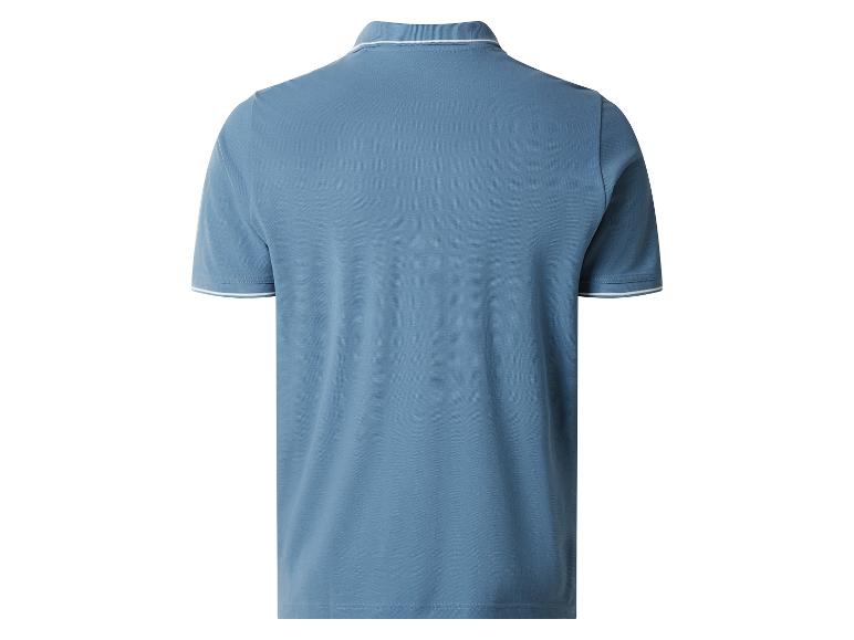 Blauw poloshirt met korte mouwen en witte strepen op de kraag en mouwen, achterkant.