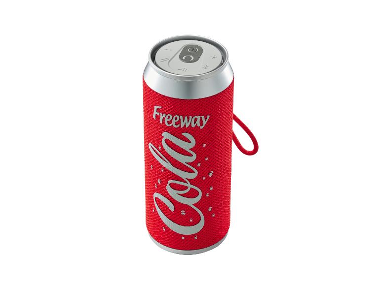 Rode frisdrankblikvormige draagbare luidspreker met 'Freeway Cola' tekst en een lus.