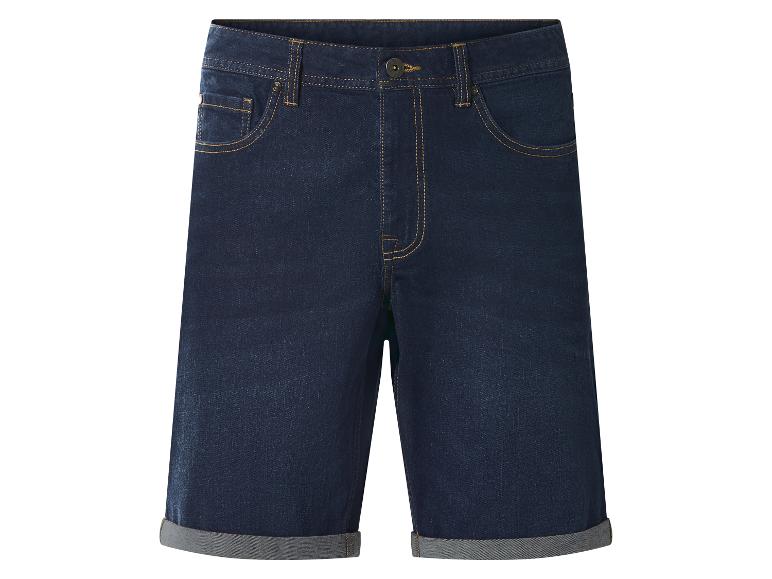 Donkerblauwe heren denim shorts met omgeslagen pijpen en gele stiksels.