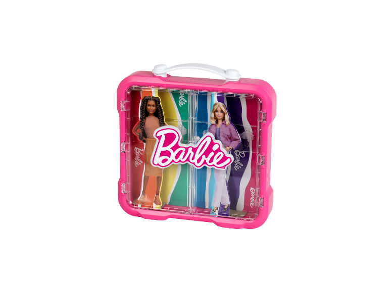 KLEIN Barbie-vitrinekoffer met verlicht logo voor 4 poppen.