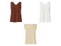Drie damestops: bruin en wit met kanten V-hals, beige met borduursels.