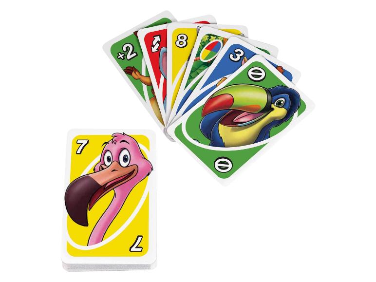 Stapel dierenkaarten, met een roze flamingo en een toekan op de voorgrond.