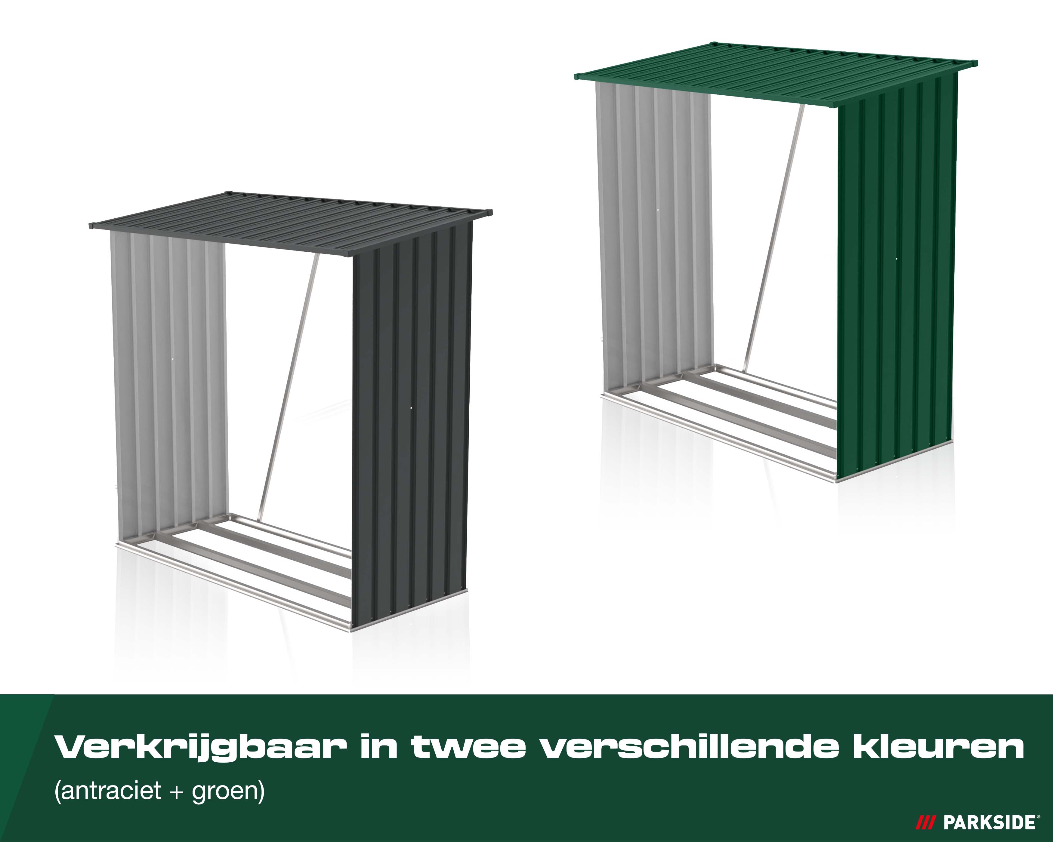 Parkside brandhoutrek weergegeven in twee kleurvarianten: antraciet en groen. Onderaan de tekst: Verkrijgbaar in twee verschillende kleuren (antraciet + groen)