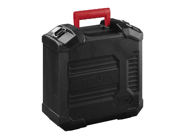 Een zwarte gereedschapskoffer van Parkside met een rode handgreep.