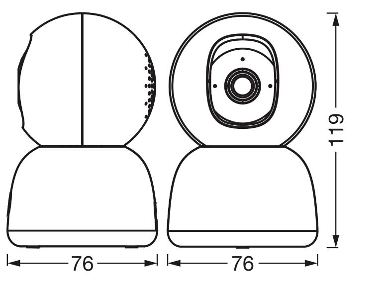 Afmetingstekening van een beveiligingscamera met een breedte van 76 mm en hoogte van 119 mm.
