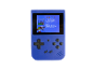 Blauwe handheld spelcomputer met een menu van games op het scherm.