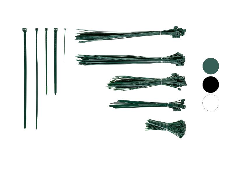 Groene kabelbinders in diverse maten, gemarkeerd 'PARKSIDE'.