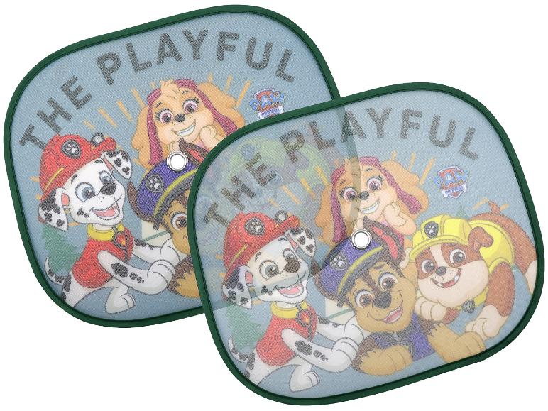 Paw Patrol auto zonneschermen met Marshall, Skye, Chase en Rubble, met de tekst 'THE PLAYFUL'