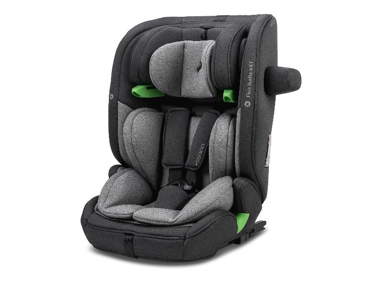 Grijs en zwart kinderautostoeltje met harnas en Isofix-ondersteuning.
