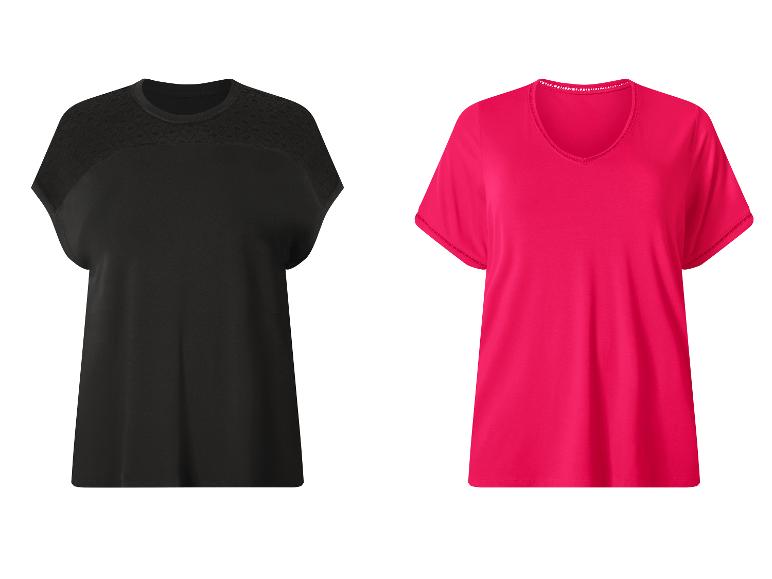 Dames T-shirts: een zwart met gehaakte schouders en een fuchsia met V-hals.