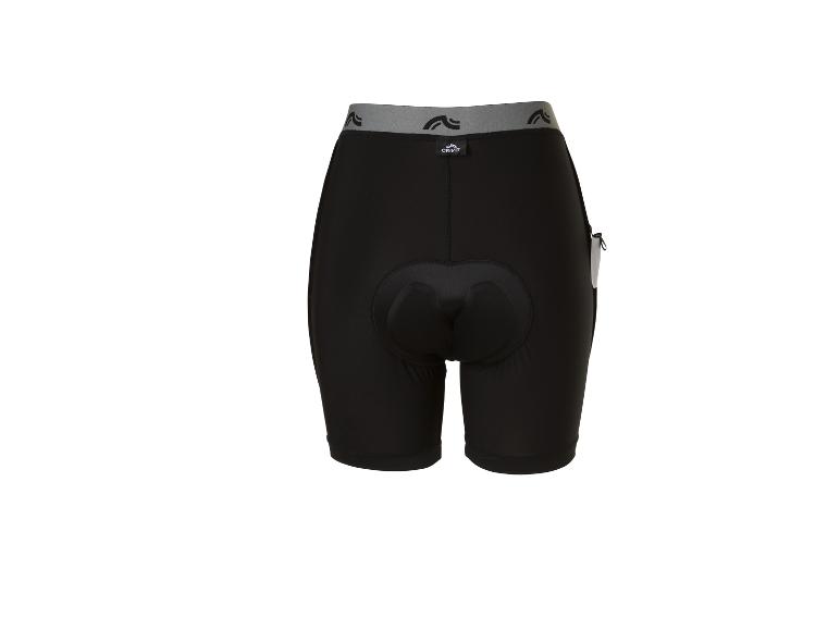 Zwarte fietsbroek met grijze tailleband en gewatteerd zitvlak, van achteren gezien.