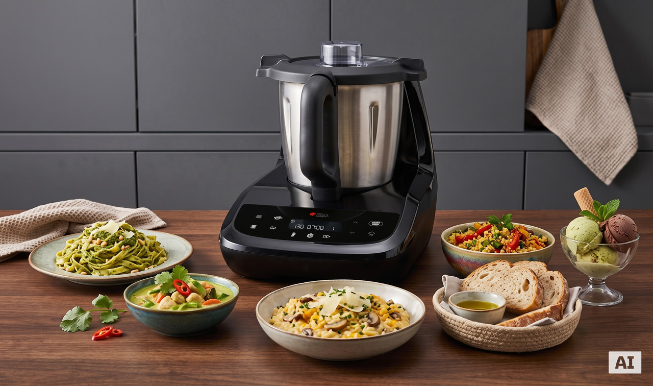 Monsieur Cuisine compact omgeven door een grote selectie van smakelijk opgemaakte gerechten, zoals soep, salade, pasta en brood. (Met AI-watermerk)