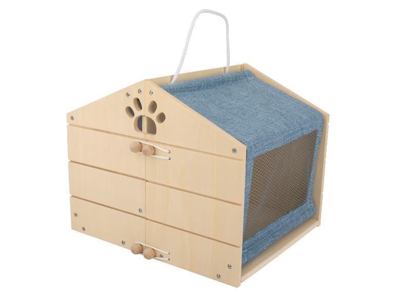 Houten kattenhuisje met huisontwerp, gaasraam en touwgrepen.