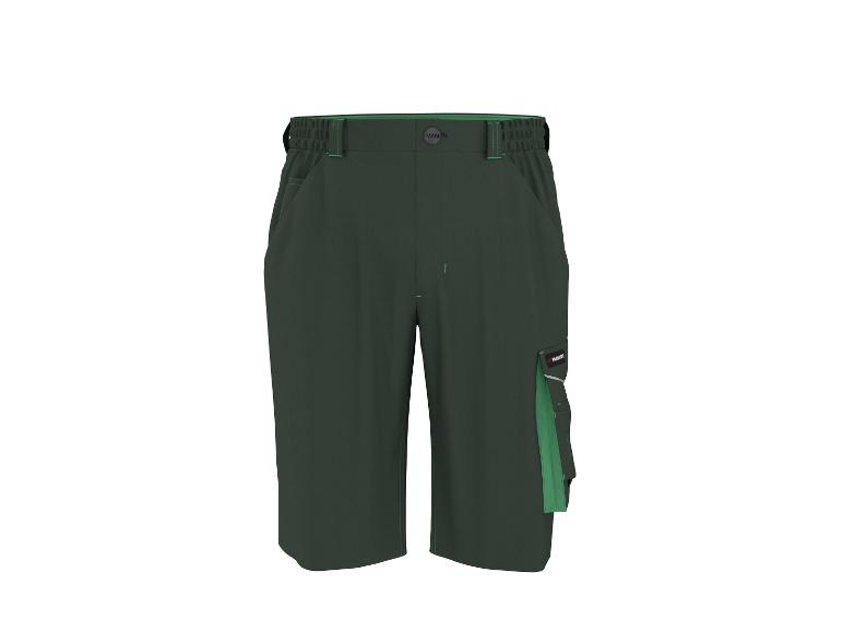 Donkergroene werkshorts met groene accenten en zakken.