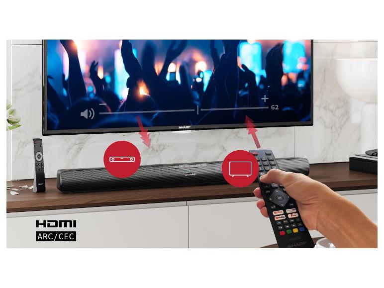 Sharp TV en soundbar met afstandsbediening, toont HDMI ARC/CEC-connectiviteit.