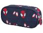 Blauwe toilettas met rood en blauw superheldenmaskerpatroon.