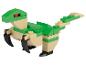 Groen en beige bouwblok dinosaurus speelgoed met zwarte klauwen.