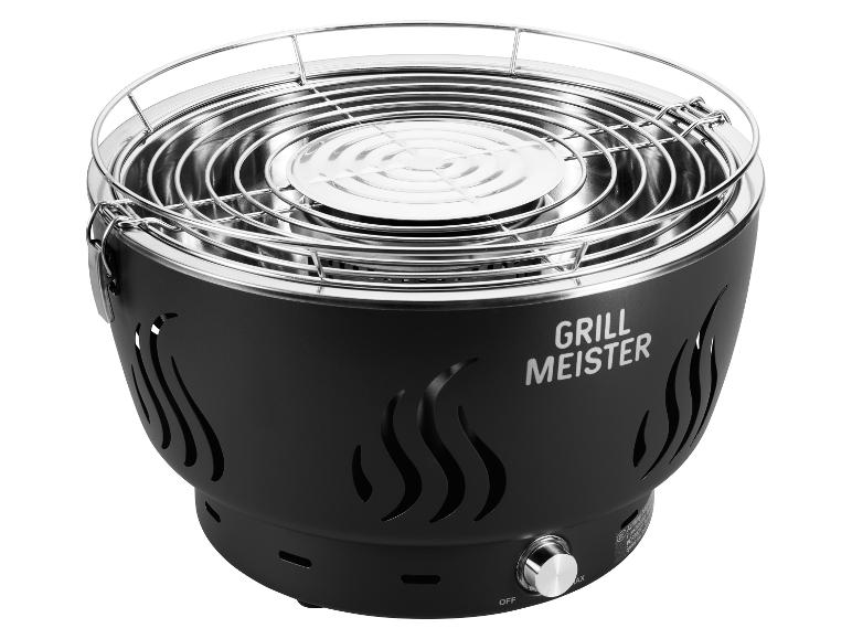 Zwarte draagbare barbecue met een roestvrijstalen grill en temperatuurregelaar.