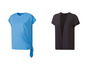 Twee dames t-shirts, een blauwe met knoop en een zwarte met mesh-inzet