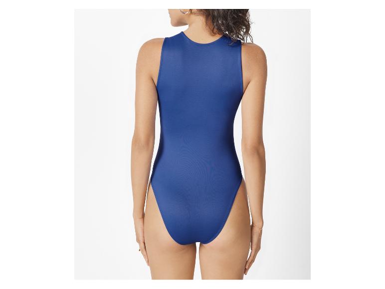 Donkerblauwe, ééndelige badpak.