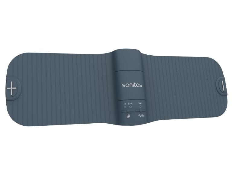 Grijze spierstimulatieband met warmte- en TENS-bediening.