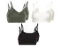 Drie sets sportbeha's met dunne bandjes in olijfgroen, wit en zwart.