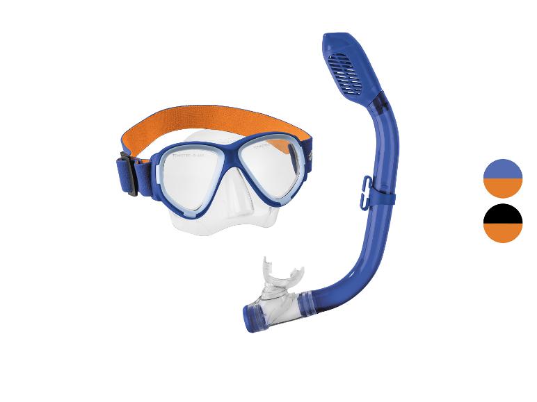 Blauwe duikbril en snorkel met een oranje band.