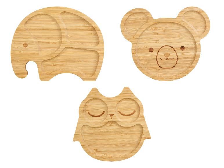 Set kinderbordjes van bamboe: olifant, beer en uil.